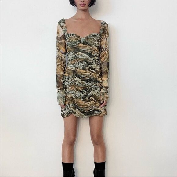 Zara Sheath Dress Marbled Ruched Draped Tulle Mini Khaki Green Orange Small - Picture 2 of 16